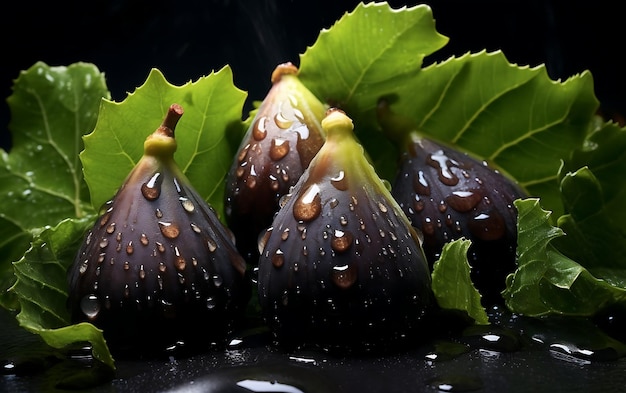 Higo con gotas de agua sobre fondo negro