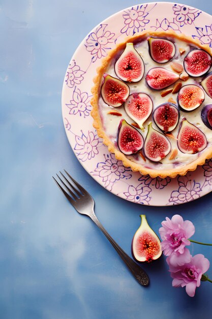 Los higos de otoño postre en una paleta rosa barbacoa y azul pastel estilo romántico de libro de cocina