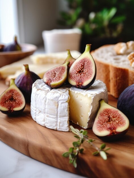 higos y queso queso camembert en rodajas servido en bandeja de madera con frutas de primer plano comida foto suave