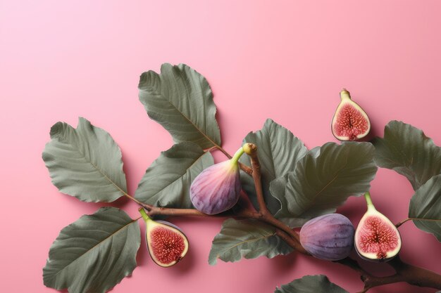 Higos sobre un fondo rosa con hojas.