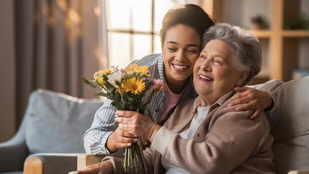 Una hija adulta feliz visitando a su madre anciana.