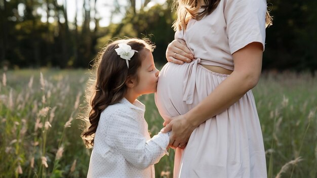 Foto hija besando el vientre de madres embarazadas mientras tiene un monitoreo fetal