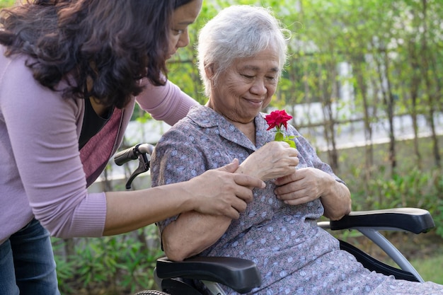 Foto la hija del cuidador abraza y ayuda a una anciana o anciana asiática sosteniendo una rosa roja en silla de ruedas en el parque