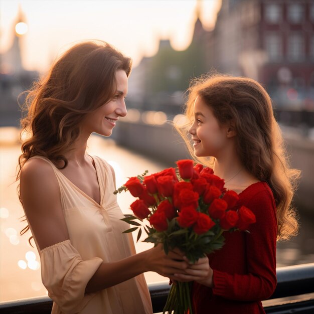 Hija dando rosa a su madre