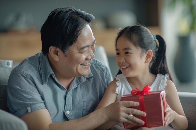 La hija felicita a su padre y le da un regalo por el Día del Padre