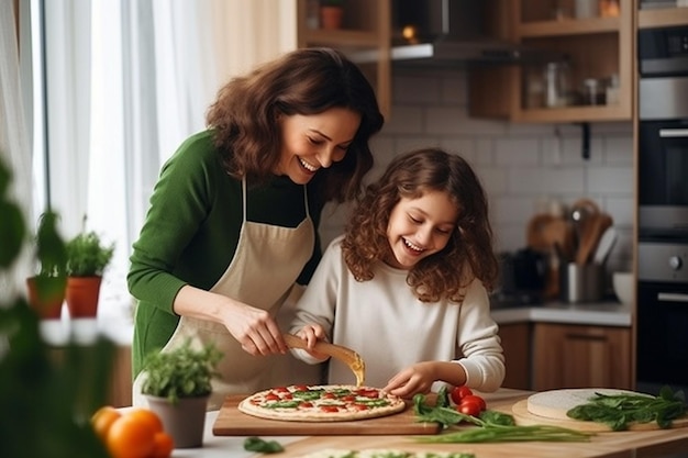 La hija y la madre haciendo pizza juntos para la cena en la cocina