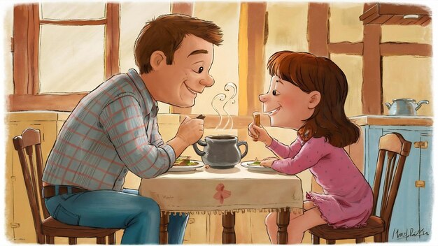 La hija y el padre en el desayuno en el día del padre