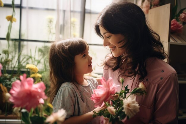 La hija pequeña y su madre están eligiendo flores para las vacaciones en una floristería el día de las madres