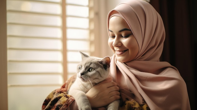 Hijab-Frau spielt mit ihrer Katze zu Hause Braunfarbenfotografie
