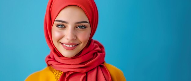 Hijab vermelho em mulher sorridente com fundo azul brilhante.