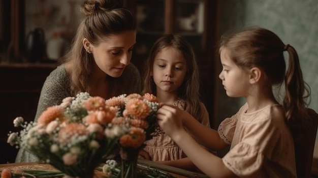 Hijas dando madre ramo de flores ai generativo.