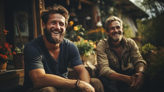 Foto hijo adulto y padre anciano juntos.