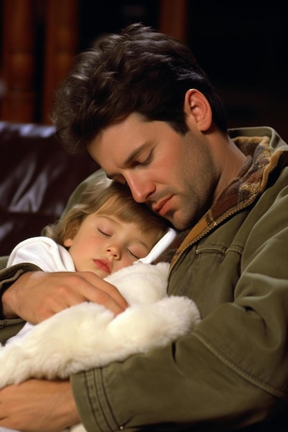 Foto hijo bebé cansado durmiendo en el padre en el sofá de la sala de estar