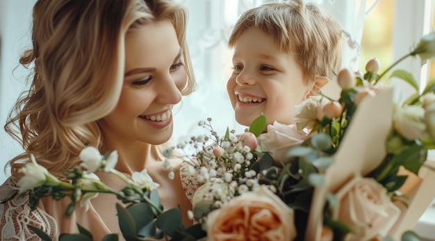 Hijo le da flores a una madre alegre en el Día de la Madre