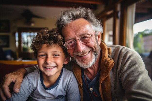 Foto hijo hipster adulto abrazando felizmente a un anciano en casa dos generaciones barbadas teniendo una conversación relajada con sonrisas dos hombres feliz día del padre quedarse en casa con amor familiar