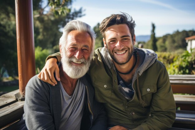 Foto hijo hipster adulto abrazando felizmente a un anciano en casa dos generaciones barbadas teniendo una conversación relajada con sonrisas dos hombres feliz día del padre quedarse en casa con amor familiar