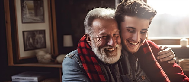 Hijo hipster adulto y padre mayor disfrutando del tiempo juntos en casa uniéndose a través de sus barbas y compartiendo sonrisas felizmente celebrando el Día del Padre su