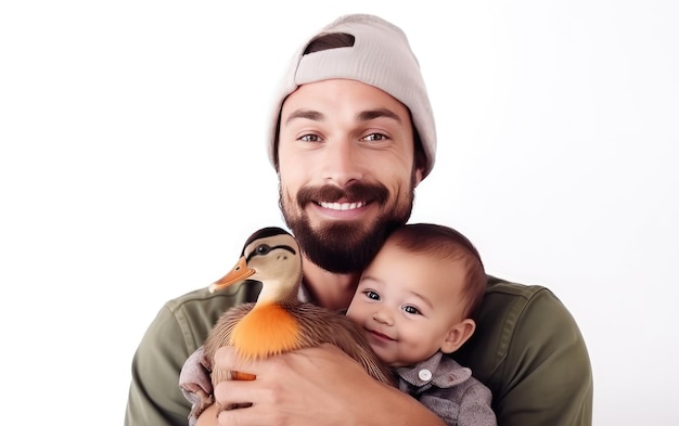 Foto hijo de hombre barbudo y su pato aislados en un fondo transparente png