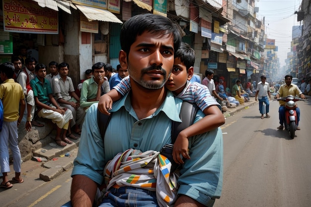 Hijo sentado sobre el hombro de su padre deambulando por las concurridas calles de la India