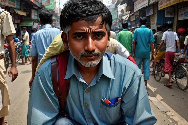Hijo sentado sobre el hombro de su padre deambulando por las concurridas calles de la India
