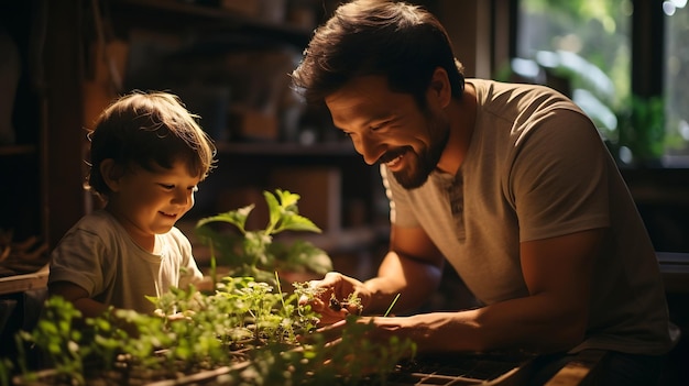 Foto hijo tocando una hoja de planta por el padre en casa ia generativa
