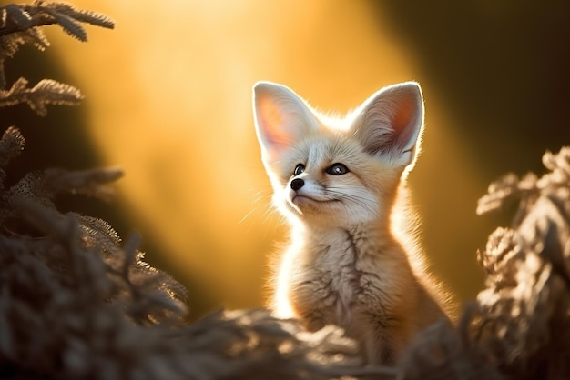 Hijo de zorro Fennec sentado al aire libre