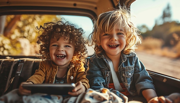 Hijos y hermanas felices en el asiento trasero de un coche viendo un video en una tableta juntos