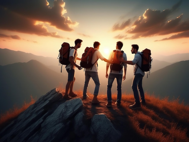 Foto hiker helping friend reach the mountain top terrible situation sunset background