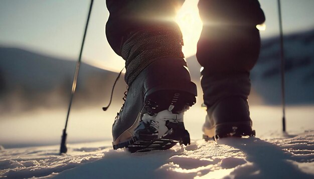 Hiker39s-Stiefel, Nahaufnahme, stapfend durch den tiefen Schnee, generative KI