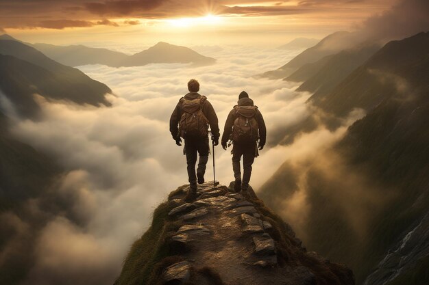 Foto hiking men conquer mountain peak adventure awaits