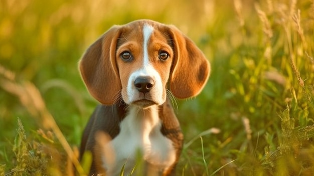 Hilarante IA generativa cercana de un perro Beagle en Summer Grass
