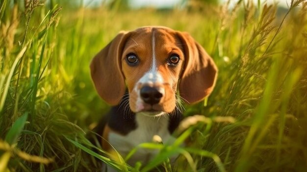 Hilarante IA generativa cercana de un perro Beagle en Summer Grass