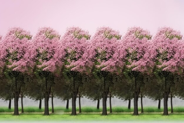 Una hilera de árboles con flores rosas en medio de ellos.