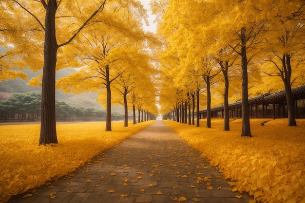 Una hilera de árboles de ginkgo amarillos en la isla de Nami, Corea.