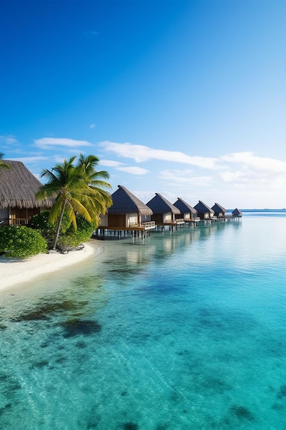 Una hilera de bungalows en una playa tropical con palmeras en primer plano.