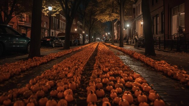 Una hilera de calabazas bordea una calle por la noche.