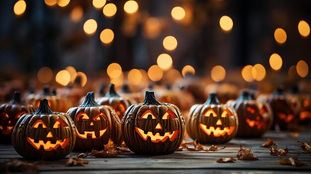 una hilera de calabazas con luces detrás