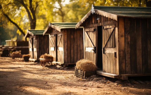 Una hilera caprichosa de pequeños edificios de madera de pie en un campo de tierra