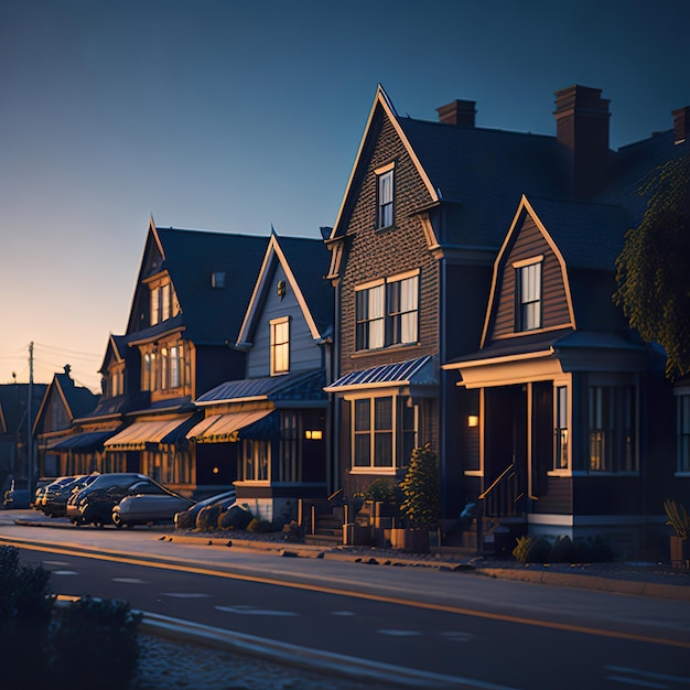 Una hilera de casas contemporáneas con luz natural y cielo azul.