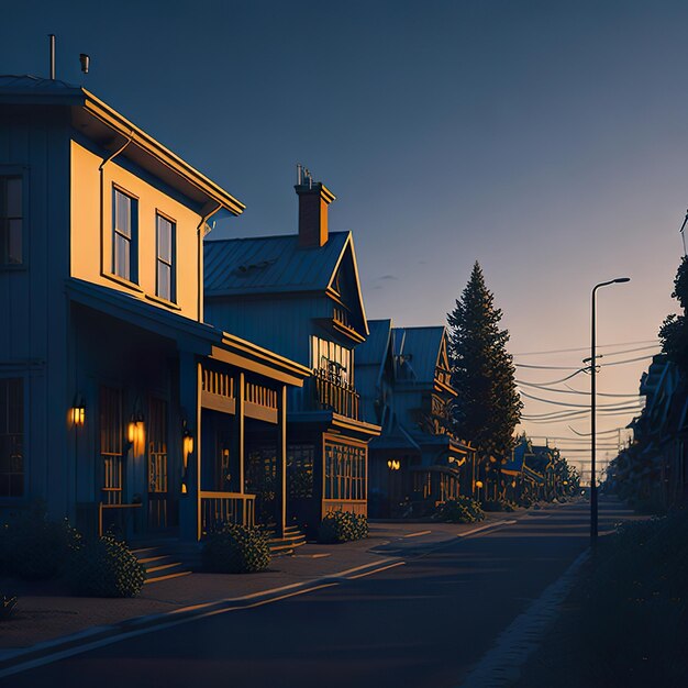 Una hilera de casas contemporáneas con luz natural y cielo azul.