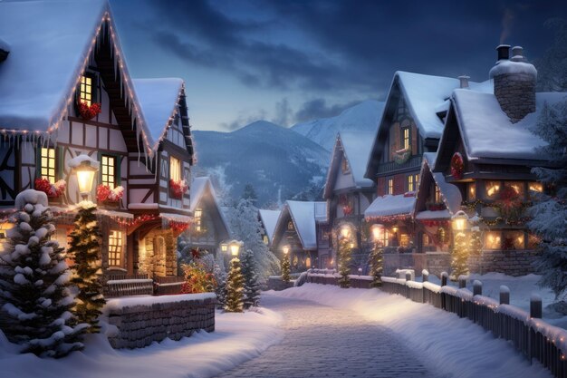 Una hilera de casas con luces y árboles en la nieve.