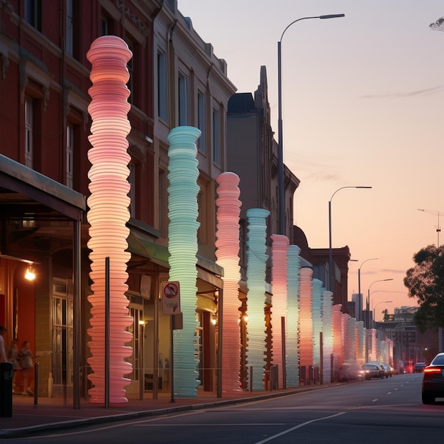 una hilera de luces de colores bordean una calle por la que pasa un coche.