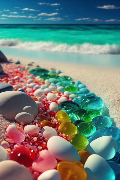 Hilera de piedras en una playa al lado del océano ai generativo