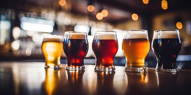 Una hilera de vasos llenos de cerveza artesanal en la barra del bar del pub promete una velada llena de deliciosos momentos y agradables tertulias.