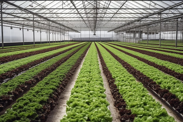 Hileras de lechuga creciendo en un invernadero Generativo Ai