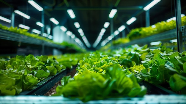 Las hileras de lechuga que crecen en un invernadero