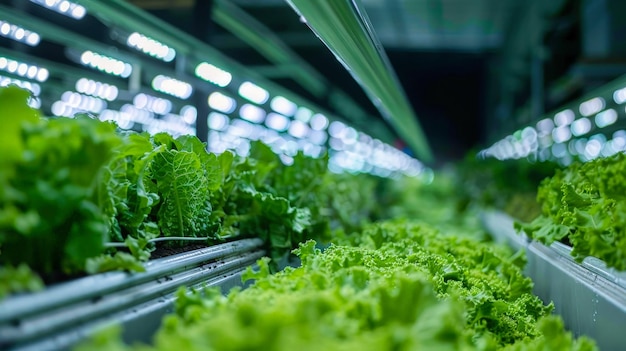 Las hileras de lechuga que crecen en un invernadero