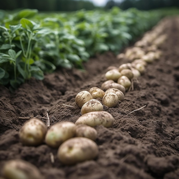 Hileras de papas en un campo con plantas verdes en el fondo.