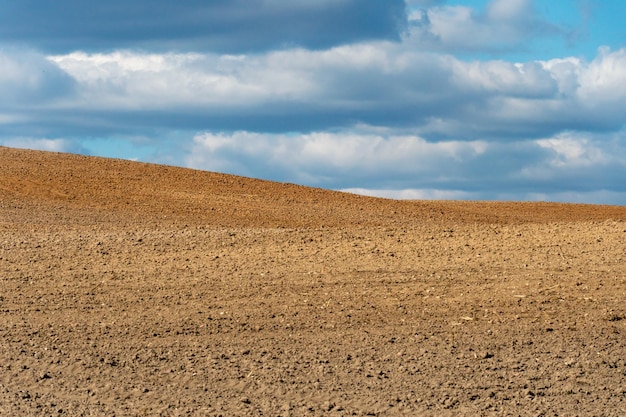 Hileras de suelo antes de plantar Dibujo de surcos en un campo arado preparado para la siembra de primavera de cultivos agrícolas Vista de la tierra preparada para plantar y cultivar