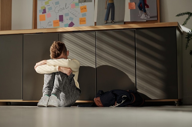 Hilfloser Sekundarschüler, der auf dem Boden des Klassenzimmers sitzt